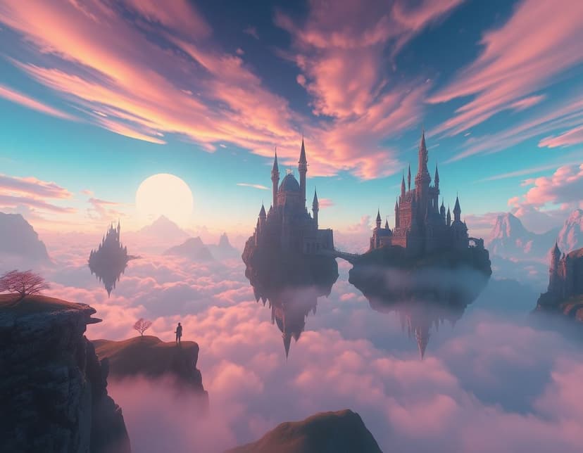 Digital fantasy landscape with floating castles